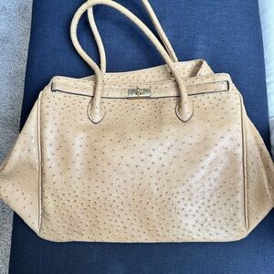 Ostrich Leather Hobo Bag by Gilli Tan Purse Gold Metal Carry On Large